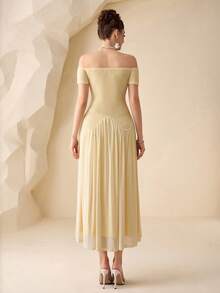 Modelyn 淡黄色撞色网纱露肩短袖优雅度假连衣裙 - 淡黃色 - 查看 3