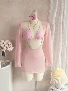 Sirith Bộ bikini 3 mảnh màu hồng pastel thanh lịch, gợi cảm mới về của Bonvoyette dành cho nữ, gồm áo khoác ngoài mềm mại, áo tam giác buộc dây cổ với dây đeo mỏng có thể điều chỉnh, quần cạp cao, và váy ngắn tay dài bằng vải dệt kim mờ co giãn, phong cách Y2K lãng mạn, hoàn hảo cho kỳ nghỉ hè ở bãi biển, tiệc bể bơi và nghỉ dưỡng, lễ hội âm nhạc, đám cưới và các dịp lễ khác. - Hồng - Xem 9