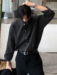 DAZY 男士纯灰色长袖休闲衬衫，春季款 - 灰色 - 查看 4