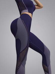 Innovista Bộ áo thun và quần legging thể thao cạp cao không đường may, phối màu tương phản bằng vải lưới. - Màu tím - Xem 7