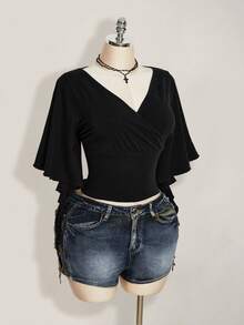 SHEIN ICON Women's Plus Size V-Neck Ruffle Sleeve Black T-Shirt - Black - View 6