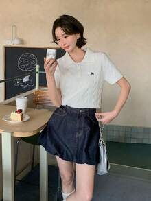 DAZY Women's Turndown Collar Korean Style Cartoon Embroidery Knit Sweater - White - View 5