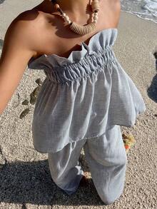 DAZY Women's V-Neck Tie-Waist Allover Print Casual Vacation Beach Tube Top And Straight Pants 2-Piece Set, Spring/Summer - Grey - View 1