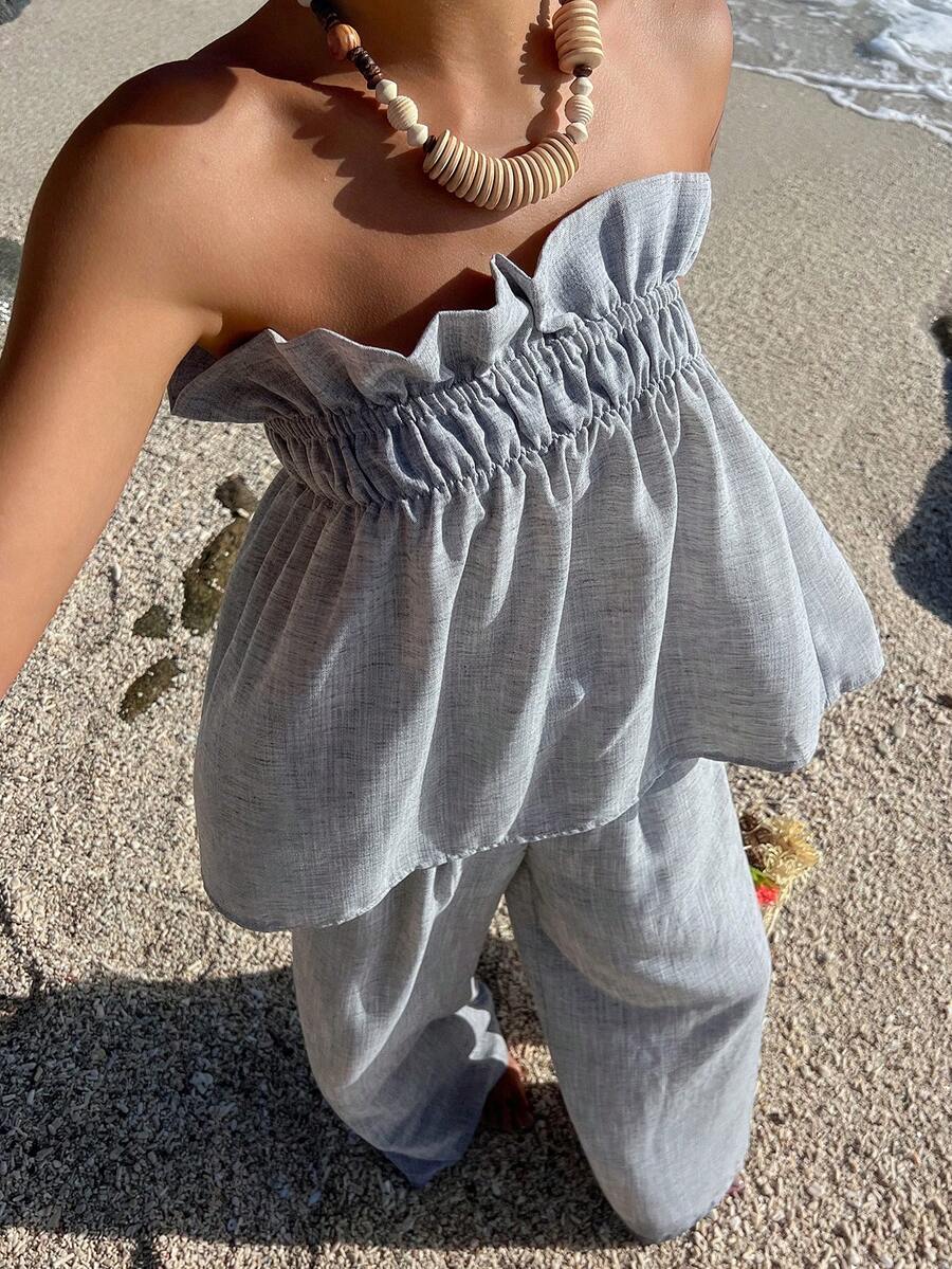 DAZY Women's V-Neck Tie-Waist Allover Print Casual Vacation Beach Tube Top And Straight Pants 2-Piece Set, Spring/Summer - Grey - View 1