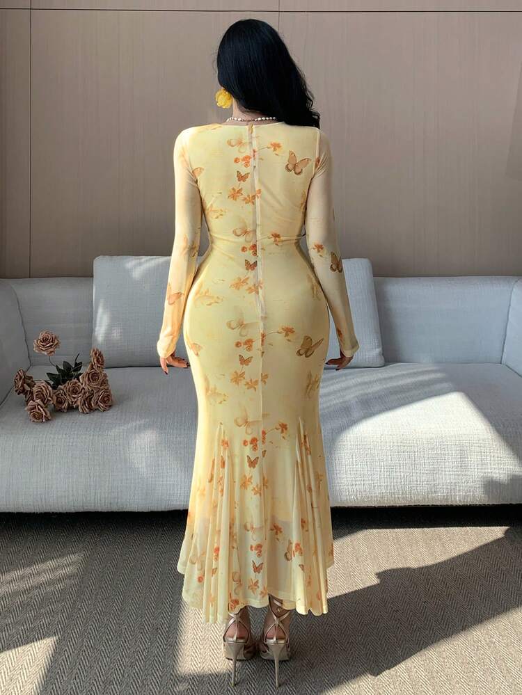 Women's Elegant Floral Bowknot V-Neck Twist Fishtail Midi Dress, Spring/Summer Wedding Guest Dress Sundress