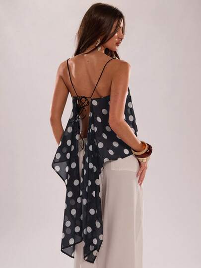 SHEIN BAE Women's Summer Vacation Casual Polka Dot Print Camisole Top,Spring/Summer New Arrival: Black And White Polka Dot Top. Perfect For Beach Vacations, Beach Trips, Beach Parties, Dates, Nightclubs, Picnics, Parties, Music Festivals, Brunch, And Other Occasions.