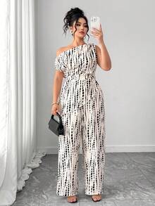 Elenzga Plus Size Women's Elegant Twist Shoulder Asymmetrical Hem Waist Fitted 2 Pieces Set, Suitable For Work, Spring/Summer - Apricot - View 4