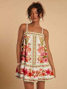 Travachic 休闲简约度假波西米亚风优雅浪漫复古印花图案，音乐节、海滩装扮、度假装扮，女士夏季户外吊带系带A字短裙 - 白色 - 查看 7