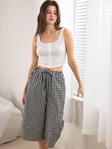 Ocili Women's Solid Color Tank Top & Plaid Wide Leg Pants Pajama Set - Black and White - View 1