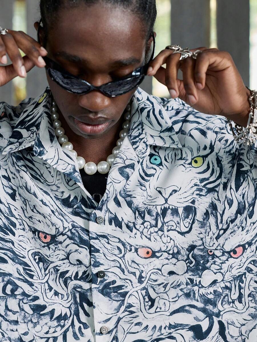 NEON BLANC Men's Street Fashion Printed Short Sleeve Shirt - Blue and White - View 1