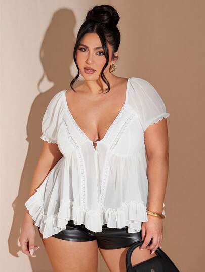 SHEIN BAE Plus-Size Women's Button-Decorated A-Line Pleated Puff Sleeve Top, White Music Festival Shirt, T-Shirt, Top, Chiffon Blouse, Short Sleeve, White Music Festival Blouse.Summer,Summer Holiday Outfits,Spring Break Outfits ,Valentine Outfits For Women,Valentine's Day Outfit,Carniva,Carnival Women Look 2026,Plus Size,Curve,Elegant Outfits For Party,Beach Outfit For Women,Wedding Guest Party Top,Going Out,Vacation Outfits Women,Birthday Top For Women,Formal Top For Women,Plus Size Top For Women,Tea Party Outfit Women,Club Outfits Women Plus,Airport Outfit For Women Travel