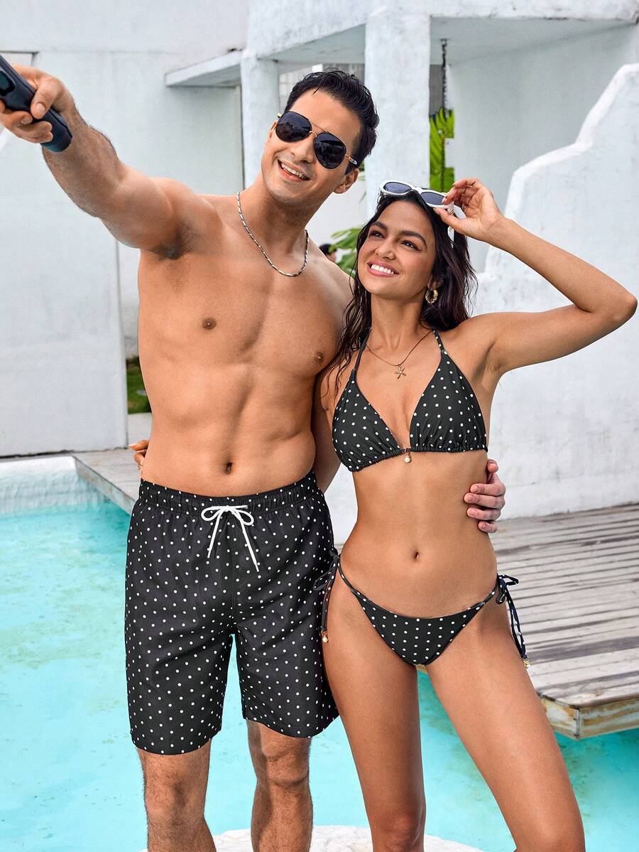 Manfinity Swimmode 男士抽绳腰带口袋波点休闲沙滩短裤 - 黑色 - 查看 1