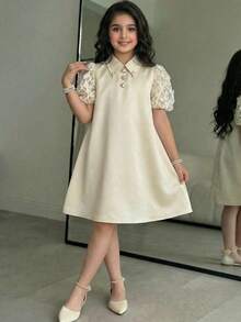 Tween女孩春夏優雅網紗3D刺繡玫瑰翻領水鑽A字短袖洋裝，婚禮季正式禮服，花童裙，杏色 - 杏色 - 查看 4