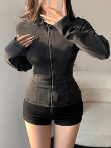 DAZY 女士立领修身长袖开衫，开衩设计，优雅性感休闲牛仔上衣 - 黑色 - 查看 4