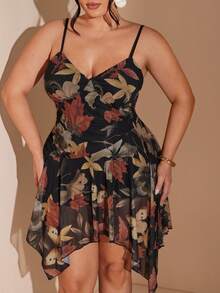 SHEIN BAE Plus Size Women's Spring/Summer Dry Branch & Leaf Print Short Camisole Dress, Suitable For Concerts,Curve ,Plus Size,Spring To Summer ,Spring Outfit Women,Valentine's Day Outfit ,Women Carnival Costume,Party,Beach Outfit For Women,Wedding,Elegant,Summer Holiday Outfits,Vacation - Multicolor - View 6