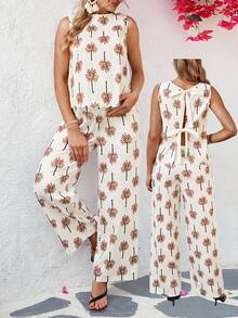 SHEIN 孕妇棕榈树印花吊带背心和裤子休闲两件套 - 彩色 - 查看 1