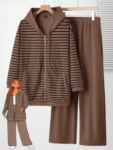 EMERY ROSE 2pc Set  Plus Size Women Casual Striped Hoodie Jacket And Pants Set With Pockets, Spring Break Outfits ,Vacation Outfits Women ,Holiday Outfits For Women,Going Out Outfits,2026 New Clothes,Simple And Fashionable For Everyday Wear,2pcs Plus Size Women Casual Striped Hoodie Jacket And Pants Set With Pockets, ,Women's Lounge Set, Ladies Casual Sets,Holiday Outfits For Women,Spring Outfit Women,2 Pieces Lounge Sets Woman, Striped Set, Lounge Wear,Summer, Brown Set Women, Brown Two Piece, Striped Hoodie Set,Daily Wear - Brown - View 1