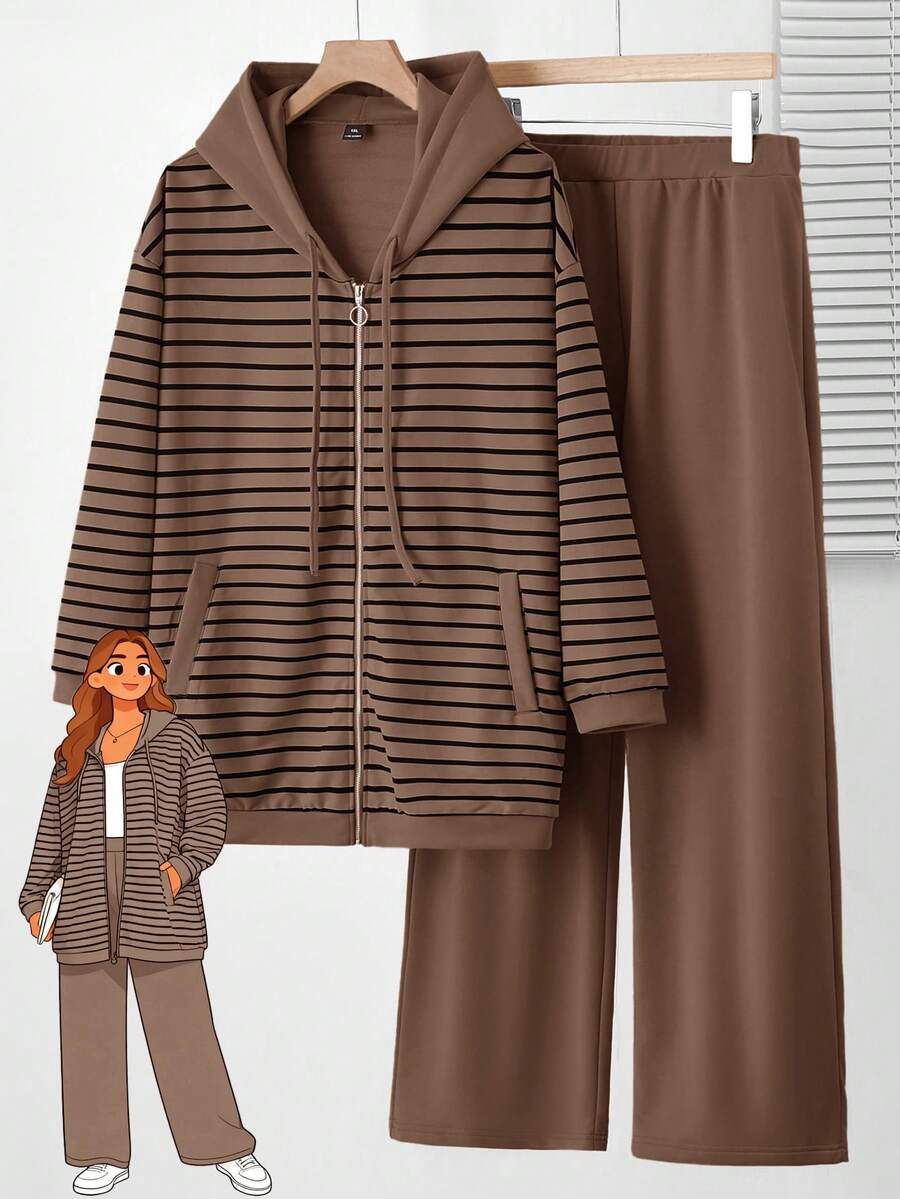 EMERY ROSE 2pc Set  Plus Size Women Casual Striped Hoodie Jacket And Pants Set With Pockets, Spring Break Outfits ,Vacation Outfits Women ,Holiday Outfits For Women,Going Out Outfits,2026 New Clothes,Simple And Fashionable For Everyday Wear,2pcs Plus Size Women Casual Striped Hoodie Jacket And Pants Set With Pockets, ,Women's Lounge Set, Ladies Casual Sets,Holiday Outfits For Women,Spring Outfit Women,2 Pieces Lounge Sets Woman, Striped Set, Lounge Wear,Summer, Brown Set Women, Brown Two Piece, Striped Hoodie Set,Daily Wear - Brown - View 1