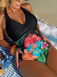 Swim Lushoire 女士露背V领纯色拼接花卉印花前扭结连体泳衣 - 黑色 - 查看 1