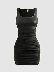 SHEIN 少女黑色弹力皮革休闲简约方领荷叶边迷你连衣裙，夏季 - 黑色 - 查看 4