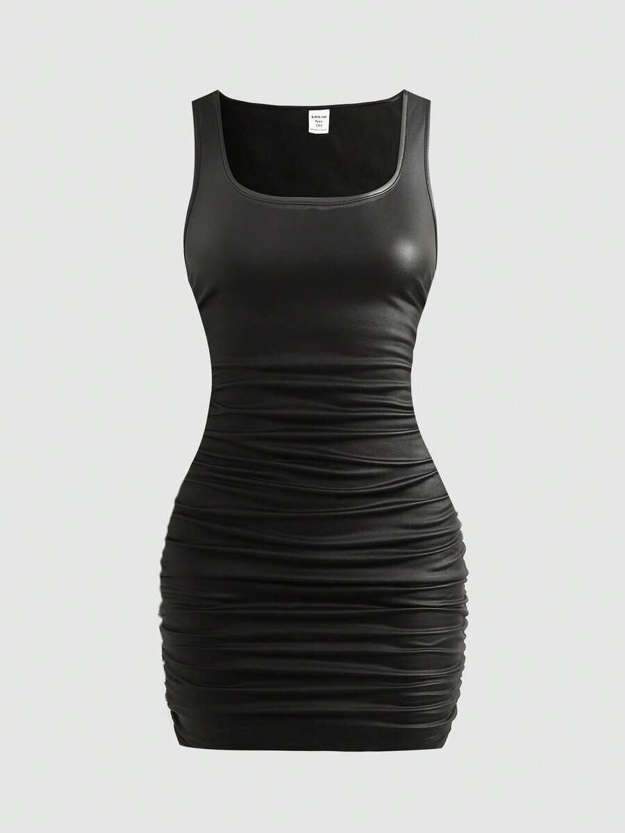 SHEIN Teen Girl's Black Elastic Leather Casual Minimalist Square Neck Ruffle Mini Dress, Summer - Black - View 1