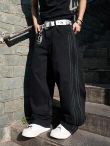 Manfinity EMRG Jeans anchos y sueltos de estilo casual y urbano con rayas de contraste negro en los lados para hombres - Negro - Ver 3