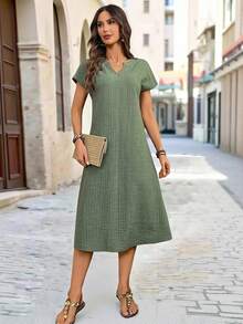 Faunlyn Đầm ngắn tay kẻ sọc hoa văn cổ chữ V xẻ sâu dành cho nữ mùa hè - màu xanh lá - Xem 5