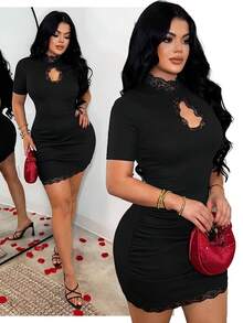 SHEIN SXY 女士立领蕾丝拼接镂空优雅收腰短袖派对连衣裙 - 黑色 - 查看 8