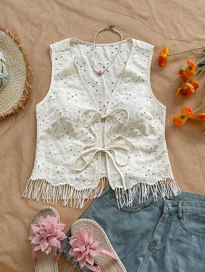 Soleia Women's V-Neck Tie-Knot Hollow Embroidered Floral Vest, Vacation Style, Autumn/Winter Fringe Tops For Women Crochet Tops For Women Western Top Western Summer Clothes Spring To Summer Valentine's Day Carnival Carnival Costume Party Beach Wedding Cowgirl Vest