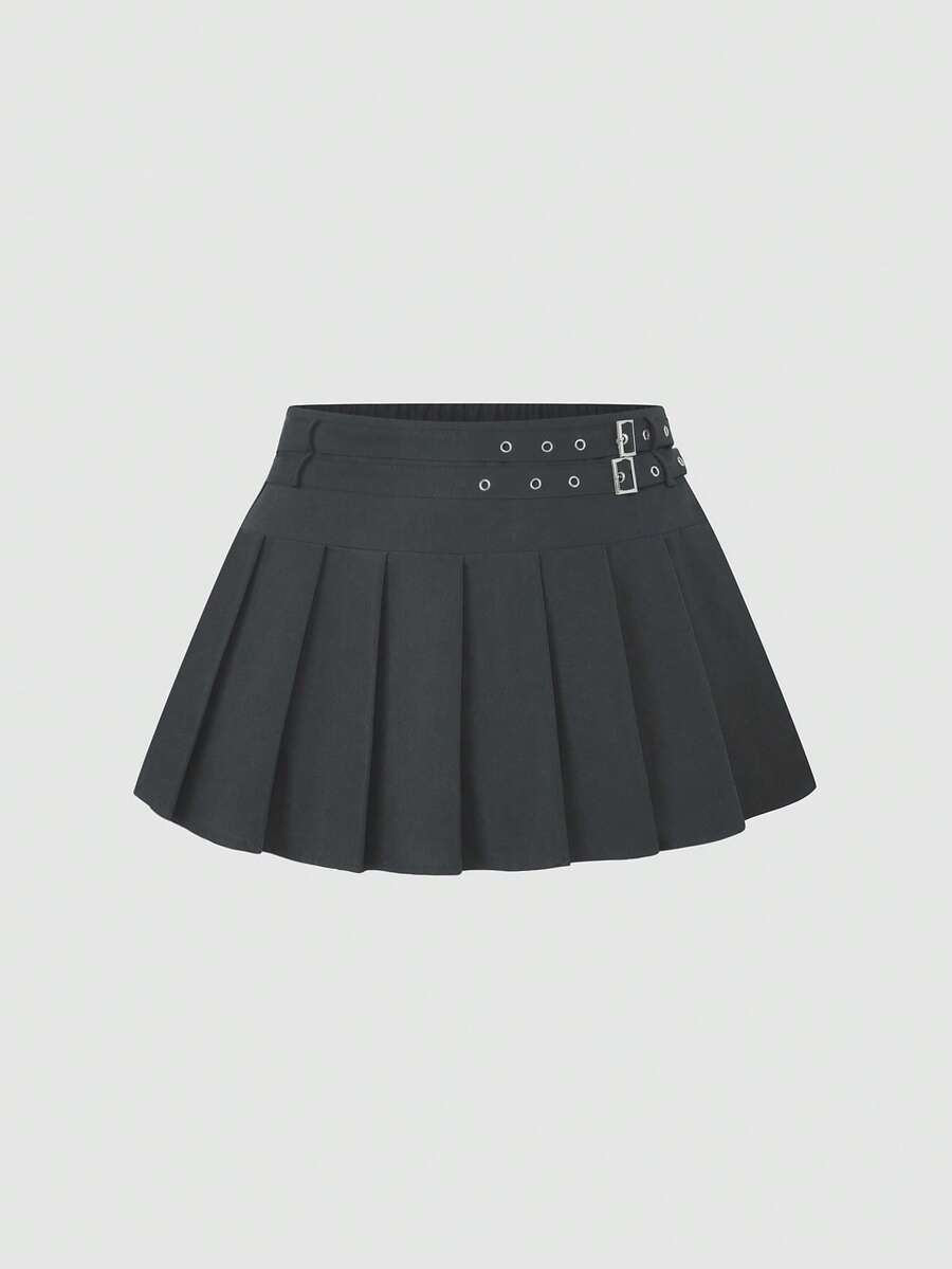 Sweetra 时尚甜美休闲黑色金属朋克百褶迷你裙 - 灰色 - 查看 1