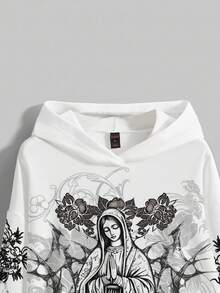 ROMWE Goth Hanorac cu croială lejeră, întunecat, misterios, religios, sacru, nou stil chinezesc, cu dragon, lotus, tigru, viță de vie, trandafir, grafică florală cu plante, hanorac pentru femei - alb - Vizualizare 3