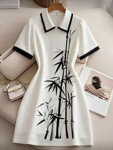 GlowEve CURVE Plus Size Bamboo Print Polo Collar Contrast Color Elegant Women's Spring/Summer Dress - White - View 5