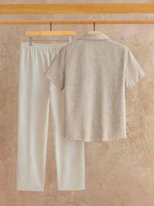 EASEVO 加大码男士纯色短袖衬衫和抽绳腰休闲裤套装 - 彩色 - 查看 2