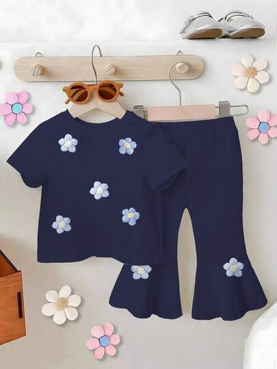2pcs/Set Toddler Girls' Sweet Floral Print Short Sleeve T-Shirt + Flare Pants Outfit, Suitable For Spring, Summer, Autumn, Winter, Comfortable & Versatile Princess Style