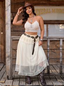 SHEIN LUNE Plus Size Women's Holiday Contrast Lace Polka Dot Mesh Skirt - Apricot - View 6