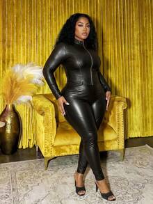 Slaydiva Bộ đồ đôi cỡ lớn Thu/Đông mới về, thích hợp cho lễ hội âm nhạc, lễ Phục Sinh, tiệc sinh nhật, mặc thường ngày, kỳ nghỉ, du lịch biển, tắm nắng, áo dài tay có khóa kéo và quần màu trơn chất liệu PU - Màu đen. Bộ 2 mảnh dành cho nữ cỡ lớn, bộ đồ đôi cỡ lớn, bộ đồ đôi cho người có thân hình đầy đặn, quần áo cỡ lớn cho nữ, bộ liền thân cho người có thân hình đầy đặn, bộ liền thân ôm sát, trang phục dự tiệc đêm Vegas, trang phục sinh nhật cho người có thân hình đầy đặn. - màu đen - Xem 7