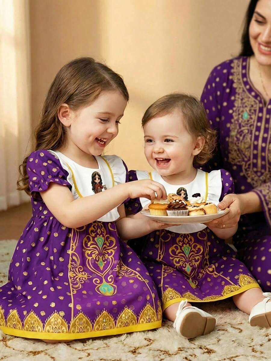 SHEIN Muslim Jalabiya For Young Girls - Multicolor - View 1