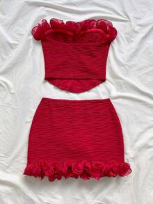 Soleia 女士夏季沙滩度假优雅纹理面料荷叶边抹胸上衣和半裙两件套 - 酒紅色 - 查看 2