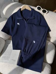 SHEIN 两件套女童休闲连帽衫套装，灰色撞色领拉链短袖露脐卫衣搭配同色系宽松阔腿舒适长裤，正面刺绣设计，适合户外、室内、运动、聚会、上学、春夏秋季穿着。 - 藏蓝色 - 查看 3