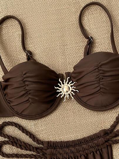 Swim Chiccia 2pcs/Set Solid Color Ruched Underwire Spaghetti Strap Sunflower Decor Top & Drawstring Waist Casual Vacation Bikini Swimsuit For Women