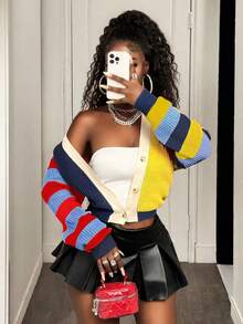 BamGleam Women Striped Colorblock Letter V-Neck Button Closure Long Sleeve Casual Sweater Cardigan Fall Winter Cloth For Women - Multicolor - View 3