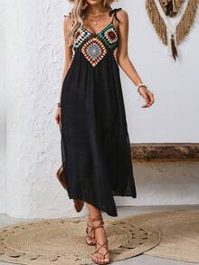 Breezaya Petite Women's Crochet Floral Pattern Ruched Slit Design Casual Vacation Date Party Camisole Mini Dress - Black - View 4