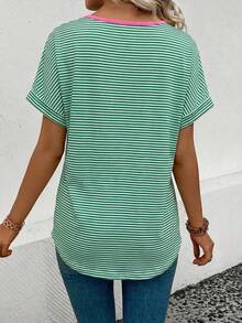 EMERY ROSE 女士新款时尚印花条纹撞色V领短袖T恤 - 彩色 - 查看 2