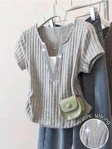 Resyla Blusa de cuello en V profundo ajustada de manga corta 2 en 1 - Gris Claro - Ver 1