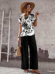 EMERY ROSE Bộ 2 món dành cho nữ, gồm áo cổ tròn in hoa và quần ống rộng, trang phục đa năng phù hợp cho mùa xuân và mùa thu, phong cách thường ngày. - Nhiều màu - Xem 5