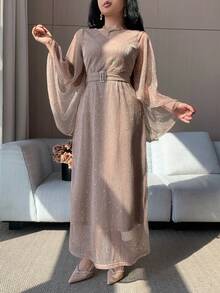 DAZY Women's Elegant Solid Color V-Neck Ruffle Sleeve Belted Long Dress, Spring/Summer Maxi Dress Sundress - Pink - View 3