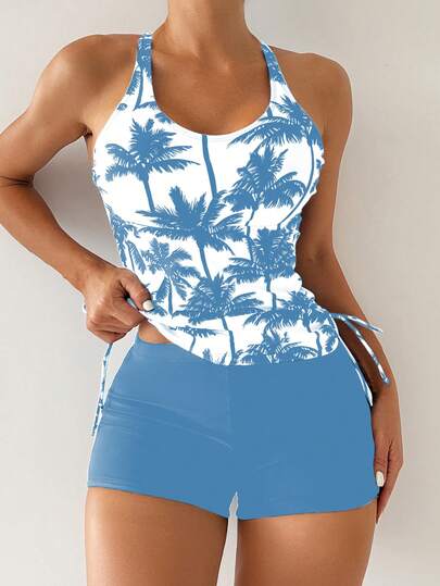 Swim Lushoire Women's Summer Beach Palm Tree Print Tankini Swimsuit Set