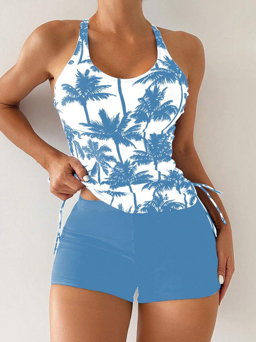 Swim Lushoire Conjunto de tankini de traje de baño con estampado de palmeras para mujer, ideal para el verano y la playa - Celeste - Ver 1