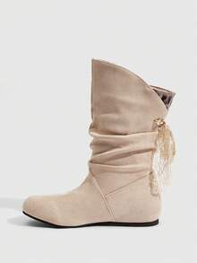 Daringsoles Women's Pleated Casual Versatile Mid-Calf Boots - Beige - View 4