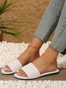 Sandalias tipo slide con tira ancha y textura acanalada - Blanco - Ver 4